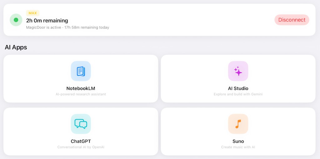 Magic Door App 介面，顯示可直達多個熱門 AI 工具