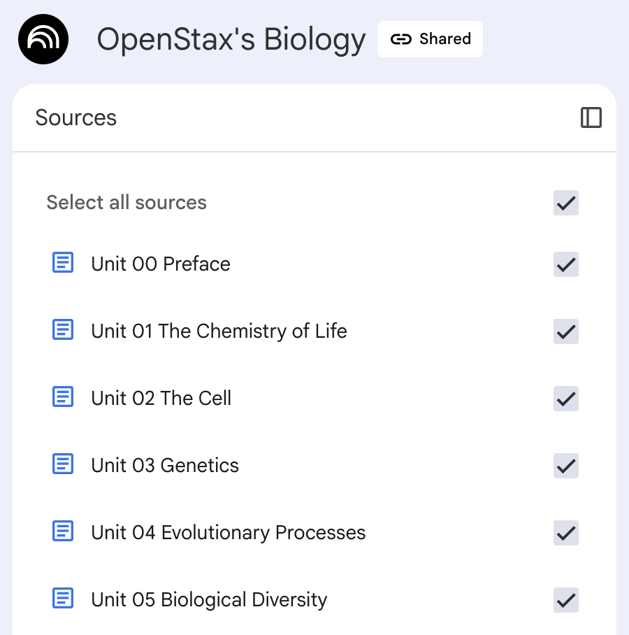 NotebookLM 左側「來源」面板：已上傳教材列表（網頁版截圖）